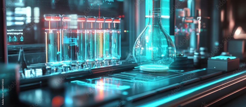 Poster futuristic laboratory with glowing test tubes and flask.