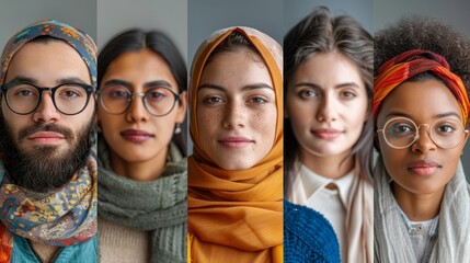 Diverse group of individuals showcasing cultural attire and expressions in a bright, neutral setting