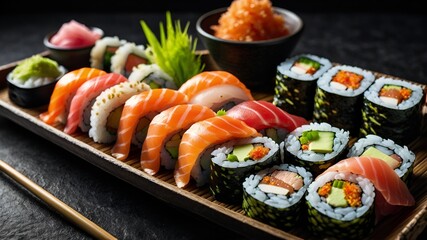 Fresh Sushi Rolls and Sashimi Platter with Wasabi and Ginger