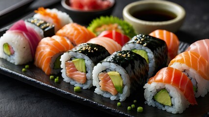 Delicious Sushi Platter California Rolls, Spicy Salmon, and Sashimi.