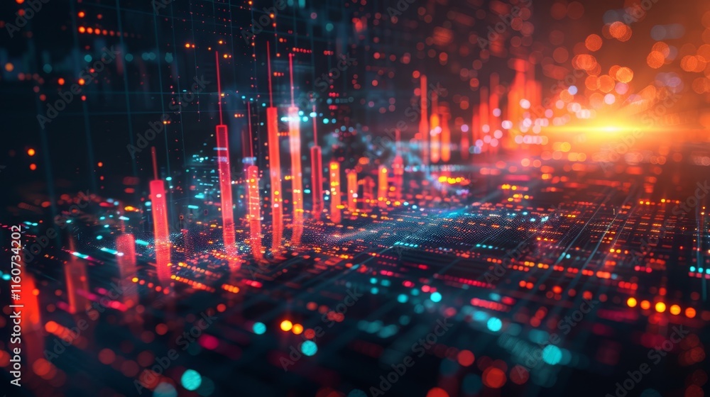 Poster digital landscape with vibrant data particles representing technology and information flow in a futu