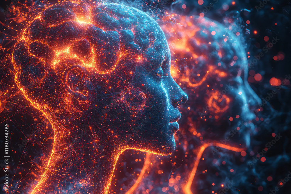 Aufkleber a dynamic illustration of collaboration with multiple glowing brains connected by vibrant lines,