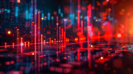 Fototapeta premium Vibrant abstract patterns of red and blue light representing digital data and modern technology in a futuristic setting