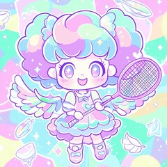 Naklejka premium A cute character with pastel hair and wings holding a tennis racket, set against a colorful background.