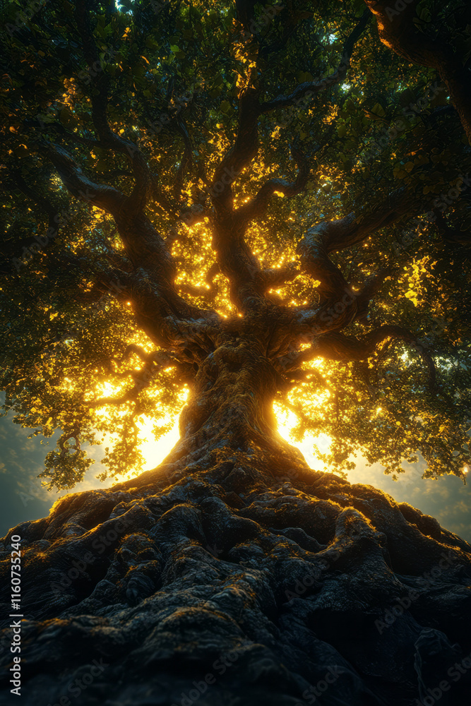 Poster a conceptual depiction of wisdom as a glowing tree with dynamic branches,