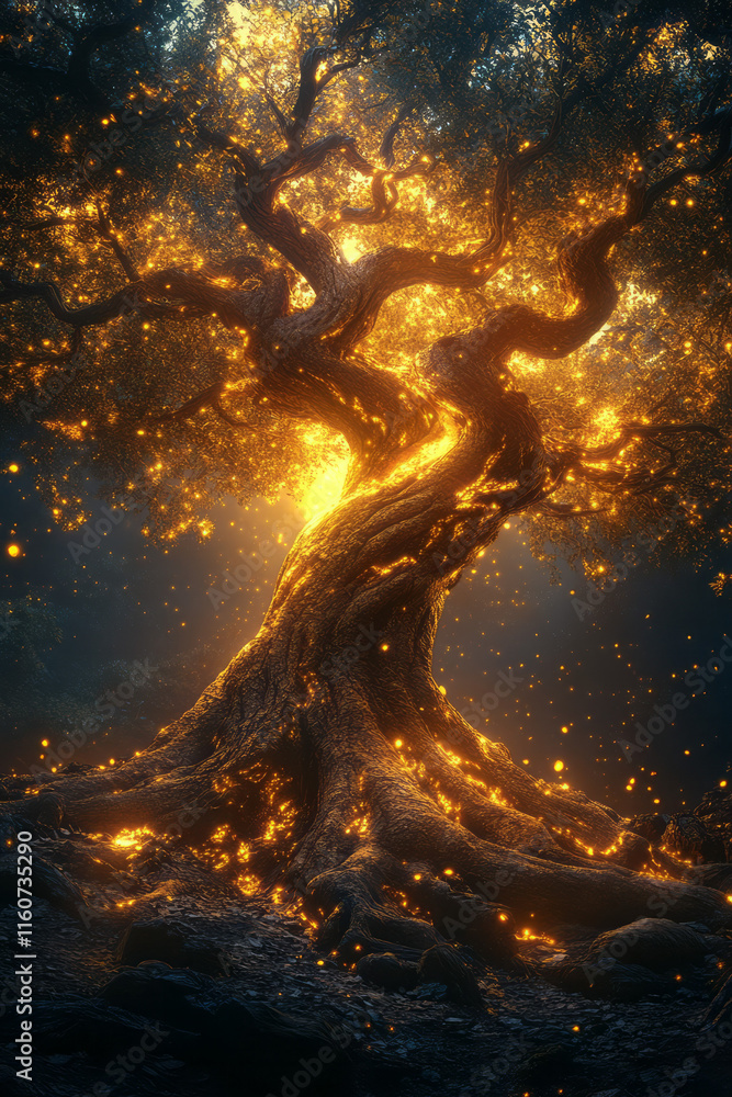 Poster a conceptual depiction of wisdom as a glowing tree with dynamic branches,
