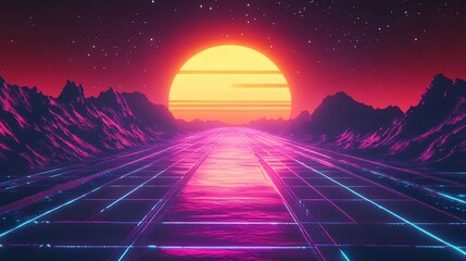 Retro synthwave landscape with vibrant sunset, glowing road, and mountains.