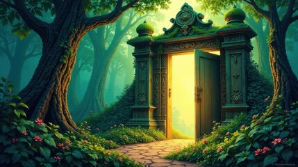 Fototapeta premium Ancient Ornate Gateway Opens to a Sunlit Path Through a Mystical Forest