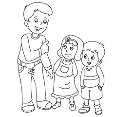 Cute cartoon hand drawn vector father teaching something his kids coloring page.
