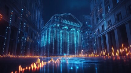 Obraz premium A futuristic cityscape with a large building at its center, featuring blue and orange lights that resemble financial data streams.