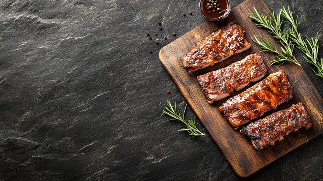 Sweet and savory glazed ribs on a wooden cutting board.