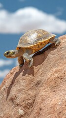 A turtle perched on a rock against a blue sky with clouds.