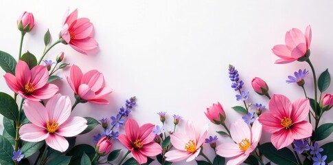 A Delicate Arrangement of Pastel Pink and Purple Blossoms, Creating a Romantic and Serene Floral Border on a White Background