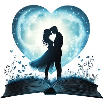 Silhouette of a couple in love against a heart and moon, enchanting book illustration.