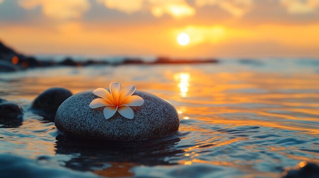 a flower on a rock in a body of water at sunset.