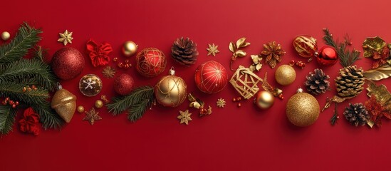 Red and gold Christmas ornaments, pine cones, and greenery arranged on a red background.