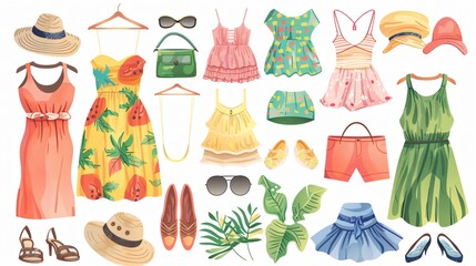 Handdrawn Colored Summer Fashion Set in Flat Vector Style