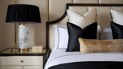 Bedroom Nightstand with Lamp and Bedding Arrangement