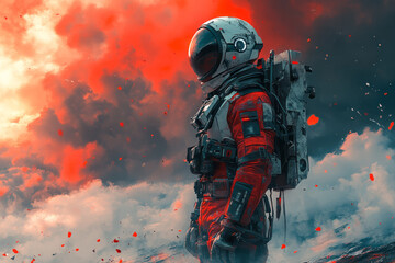 A futuristic soldier in advanced armor standing in a post-apocalyptic battlefield,