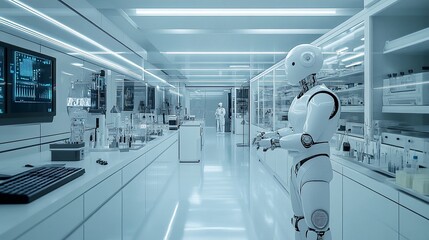A futuristic laboratory setting features three white robots and a row of computer screens on a counter, with additional equipment and storage units lining the walls.