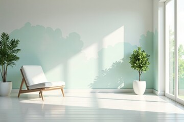 Fototapeta premium Serene Minimalist Room Interior Design Featuring a Modern Chair and Lush Greenery Against a Soft Mint Wall