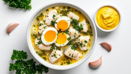 Decadent Fish Stew with Aioli and Soft Boiled Eggs in a White Bowl Surrounded by Fresh Herbs