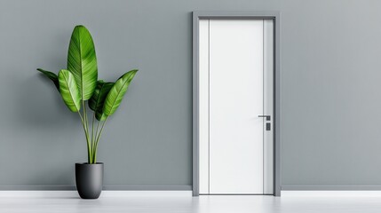 Modern interior featuring a white door and a potted plant.