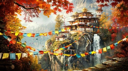 Autumnal monastery perched on a cliffside with cascading waterfall.