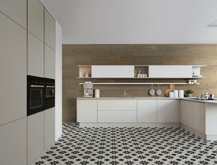 A luxurious kitchen interior with a white and grey patterned marble floor, a beige marble countertop, wooden shelves, a few utensils on the countertop, and a delicious apple pie. Mockup. 3D Rendering