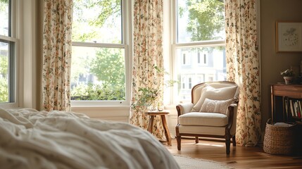 A cozy bedroom with a bed, chair, and bookshelf in front of a window.