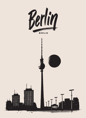 Berlin poster.  Hand drawn Berlin cityscape with Fernsehturm in bold black brush strokes. © Victoria