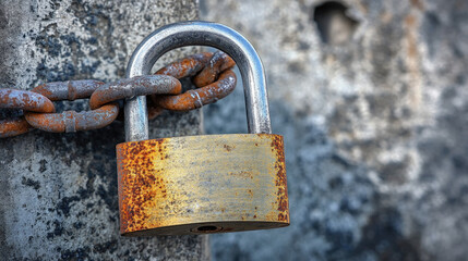 Close-up of a rusty padlock on a metal chain symbolizing security and weapon prohibition, set against a concrete wall background.