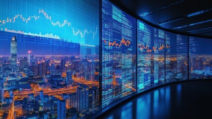 Night city skyline viewed through large screens displaying financial data and graphs.