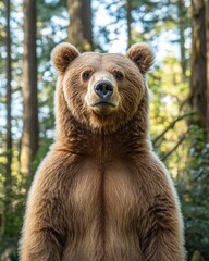 Obraz premium A close-up of a standing bear in a forest, showcasing its natural habitat.