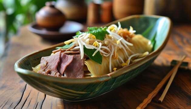Delicious Kuay Teow Rua Served in a Unique Boat-Shaped Dish with Fresh Ingredients