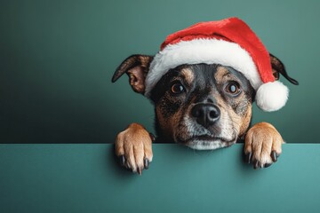 Cute dog wearing a Santa hat looks curiously over a green surface during the holiday season