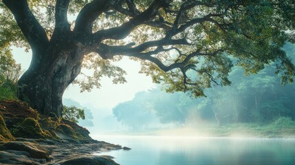 Majestic tree by tranquil river at sunrise.