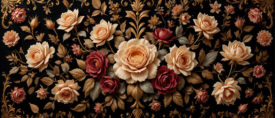 Envision a lavish, baroque-inspired tapestry unfolding before your eyes, with an intricate dance of regal florals in shimmering gold, rich deep purple, and bold crimson hues, intricately woven.