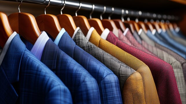 Row of colorful suits on wooden hangers, symbolizing style, fashion, and professionalism