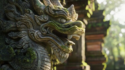 Ancient Stone Dragon Statue Covered in Moss