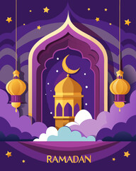 Elegant Ramadan Kareem Poster – 3D Golden Frame and Night Sky Design.mosque window on purple background pattern. Vector illustration. Violet paper cut clouds, night sky crescent.