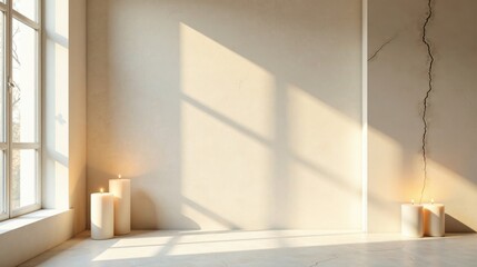 Fototapeta premium Serene Minimalist Interior Scene with Lit Candles and Sunlight Streaming Through a Window