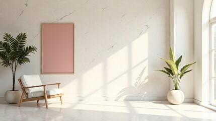 Fototapeta premium Serene Minimalist Interior Design Featuring a Light Pink Framed Wall Art, a Comfortable Armchair, and Lush Potted Plants Basking in Sunlight