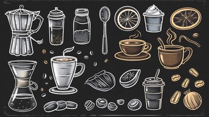 Hand drawn coffee elements vector set for graphic design with chalk style