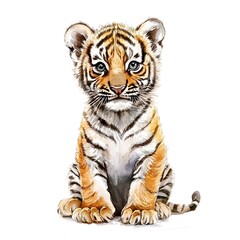 Obraz premium Adorable Tiger Cub: Watercolor Portrait of a Sitting Bengal