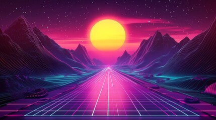 Retro futuristic landscape with vibrant sunset, highway, and mountains.