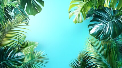 tropical leaves against blue sky.