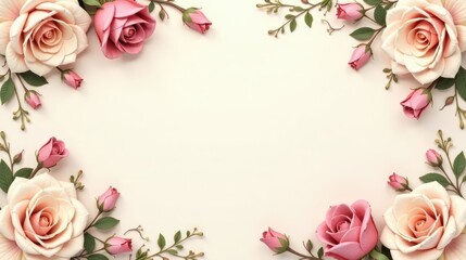 Elegant Floral Frame with Delicate Pink and Peach Roses and Buds Arranged on a Cream Background