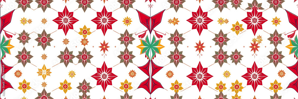 Poster a colorful pattern of flowers and stars is displayed on a white background. the design is intricate 