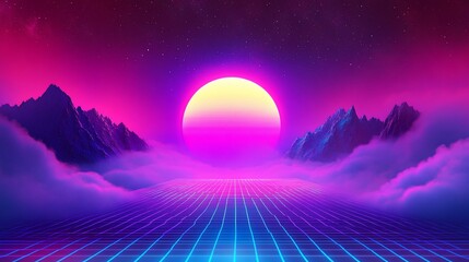 Retro futuristic landscape with vibrant pink and purple sunset over mountains and grid.